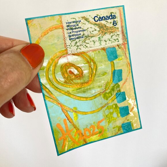 ACEO Original Mixed Media Art 1970 Canada Biological Programme Postage Stamp ATC - Picture 2 of 3